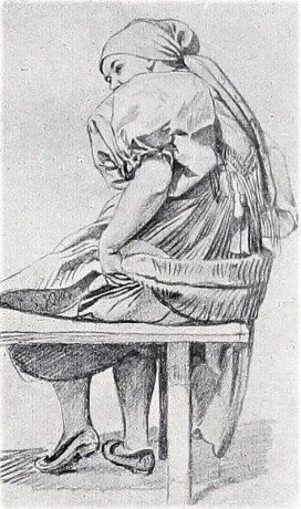 Kresba chodské ženy na lavici 