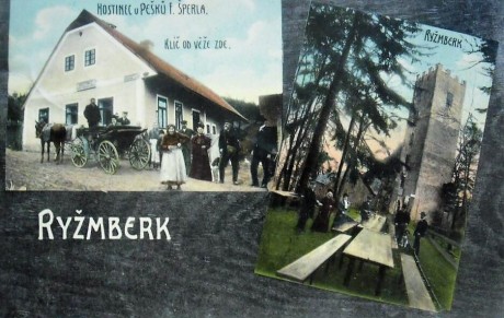 Pohlednice - na levém obrázku v popředí klíčnice hradu Kateřina Pešková