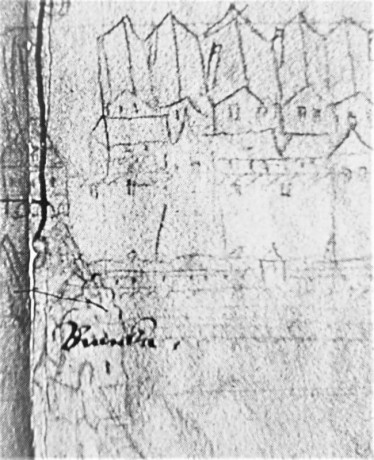 Nejstarší podoba objektu na vyobrazení z r. 1592; zde se projevuje jako hranolová stavba s vysokým volutovým štítem.