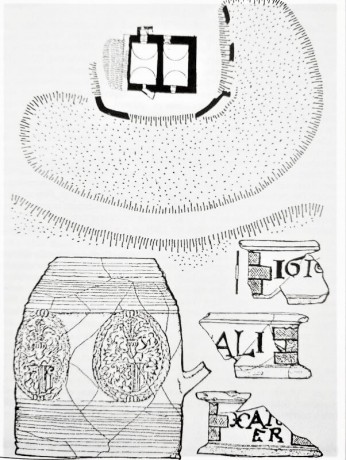 Plán tvrze s vodními příkopy a kameninová holba a kalamář objevené při archeologickém výzkumu v roce 1978
