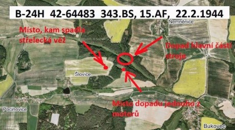 Mapa dopadu trosek letadla u Bukovce