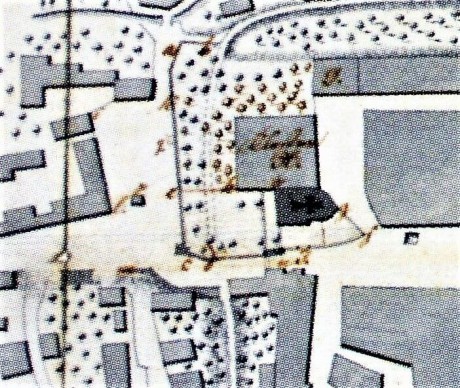 R. 1836 - brána již nestojí, zeď kláštera je ještě na původním místě