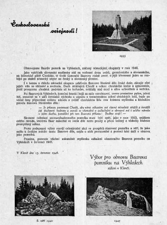 Výzva k obnově pomníku J. Š. Baara z 15. července 1946