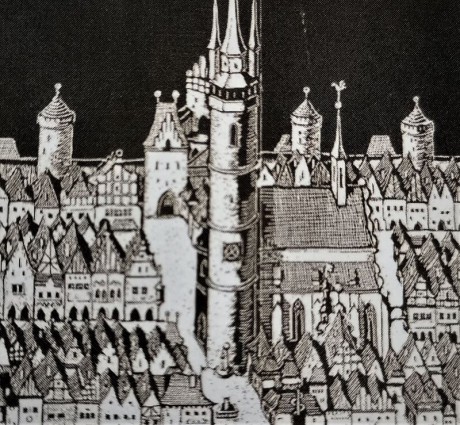 Týnská brána na ideální romantické rekonstrukci podoby Domažlic v r. 1590 - autor Vladimír Böhm