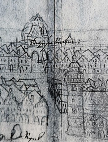 Týnská brána na nejstarší dochované mapě Domažlic z r. 1592
