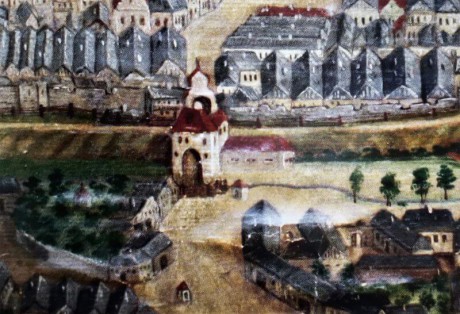Situace Týnské brány s dochovanou přední patrovou branou - kol. r. 1790