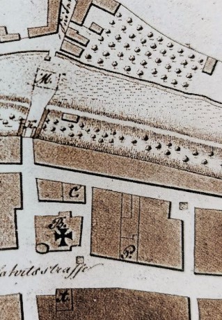 Půdorysná stopa Týnské brány (vlevo nahoře) v r. 1836