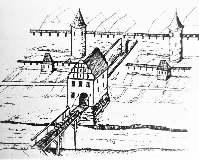 Pokus o rekonstrukci opevnění v okolí Branky na poč. 17. stol. - kresba Z. Procházka
