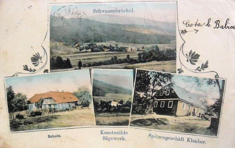 Pohlednice okénková - střed obce, škola, mlýn s pilou a obchod s krajkami p. Klaubera