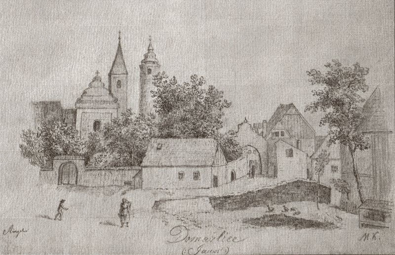 Klášterní kostel s hradbou a domkem, náležejícím klášteru a Hořejší branou před jejím zbořením