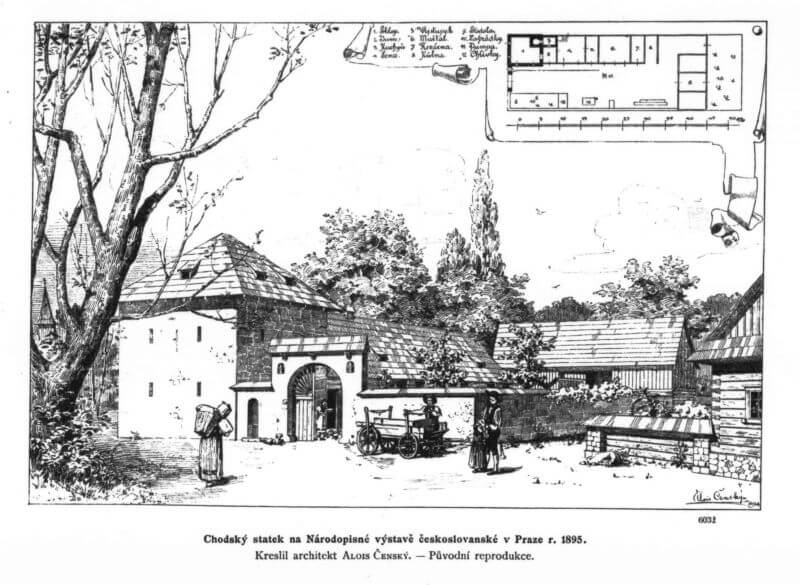 Stavba chodského statku na Národopisné výstavě byla projektována architektem Aloisem Čenským