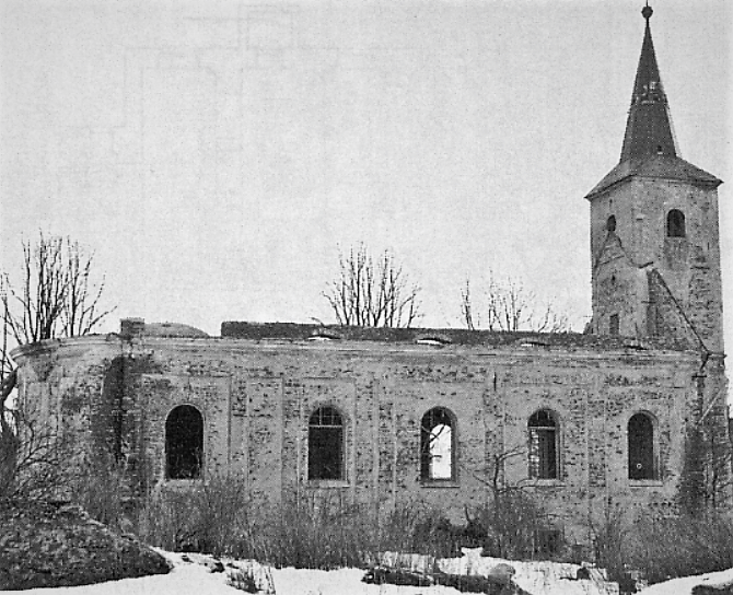 Stav kostela svaté Barbory před demolicí v r. 1965