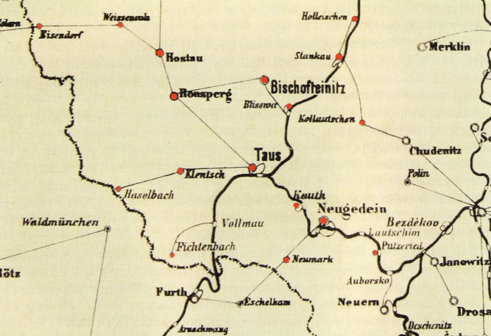 Výřez z mapy z r. 1892, kde jsou červeně zvýrazněny poštovní úřady