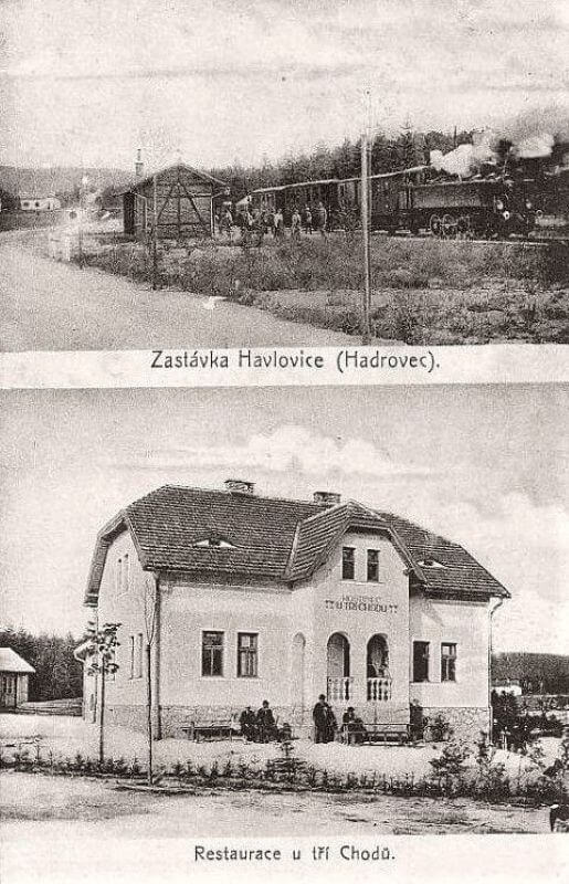 Restaurace "U tří Chodů" a železniční zastávka Hadrovec