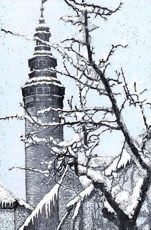 Věž Chodského hradu v zimě