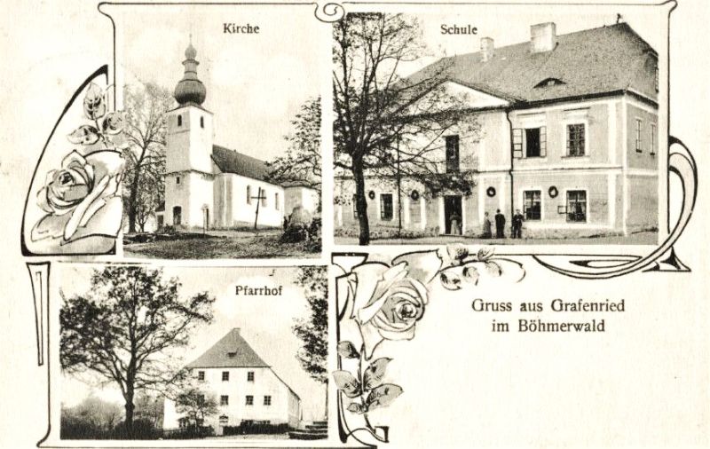 Pohlednice  - kostel, zámeček, fara