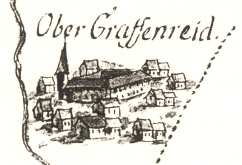 Vesnice se zámeckou budovou na plánu z r. 1629