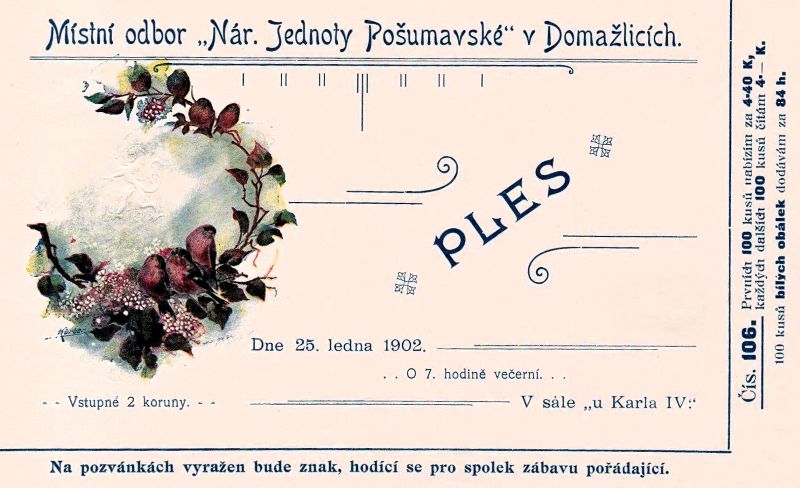 Pozvánka na ples Jednoty pošumavské