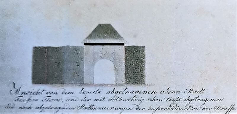 Dokumentace zachycující zbořenou Hořejší bránu na poč. 19. stol.