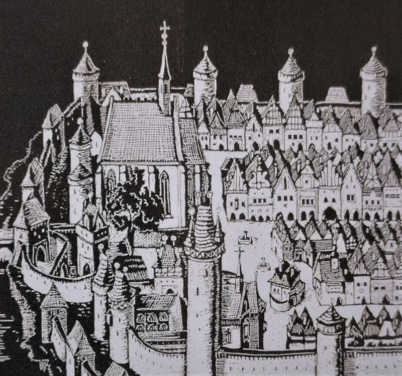 Romantická rekonstrukce podoby Domažlic z r. 1590, kdy je vysoká věž brány ještě zachována
